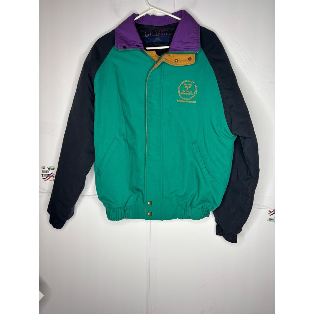 Vintage Hilton Active Apparel Colorblock Bomber Jacket Mens Large Green 1996 USA